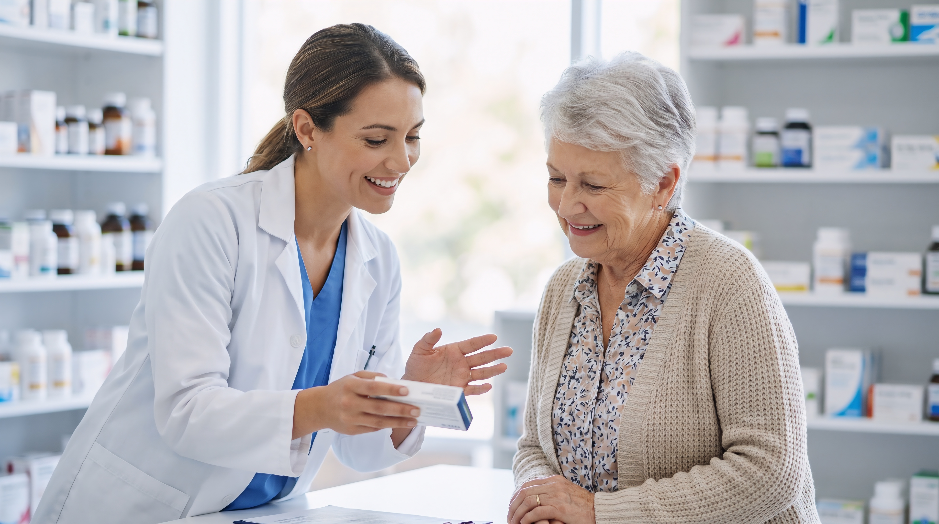 A pharmacist explaining a medication to an older patient at the counter